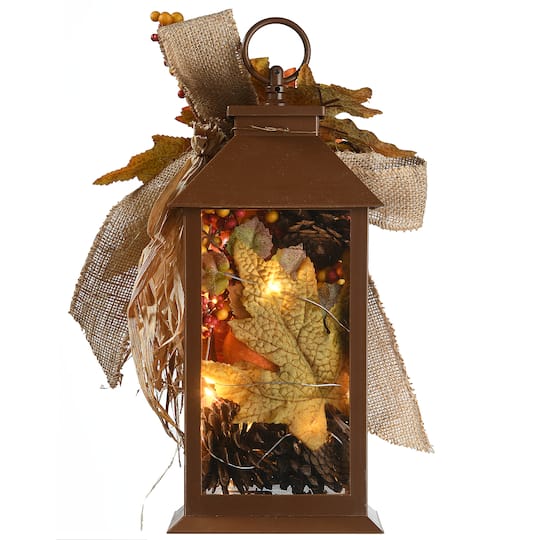 12" Decorated Autumn Lantern with LED Lights
